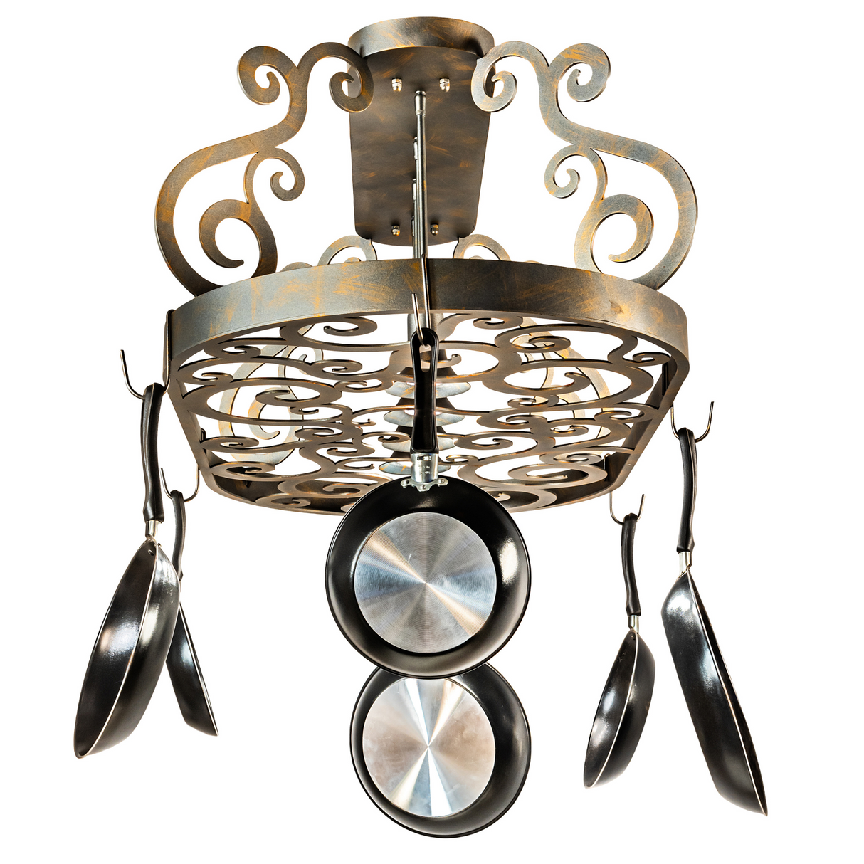 Bottom front view of Neo 4 Light Pot Rack with pans hanging.