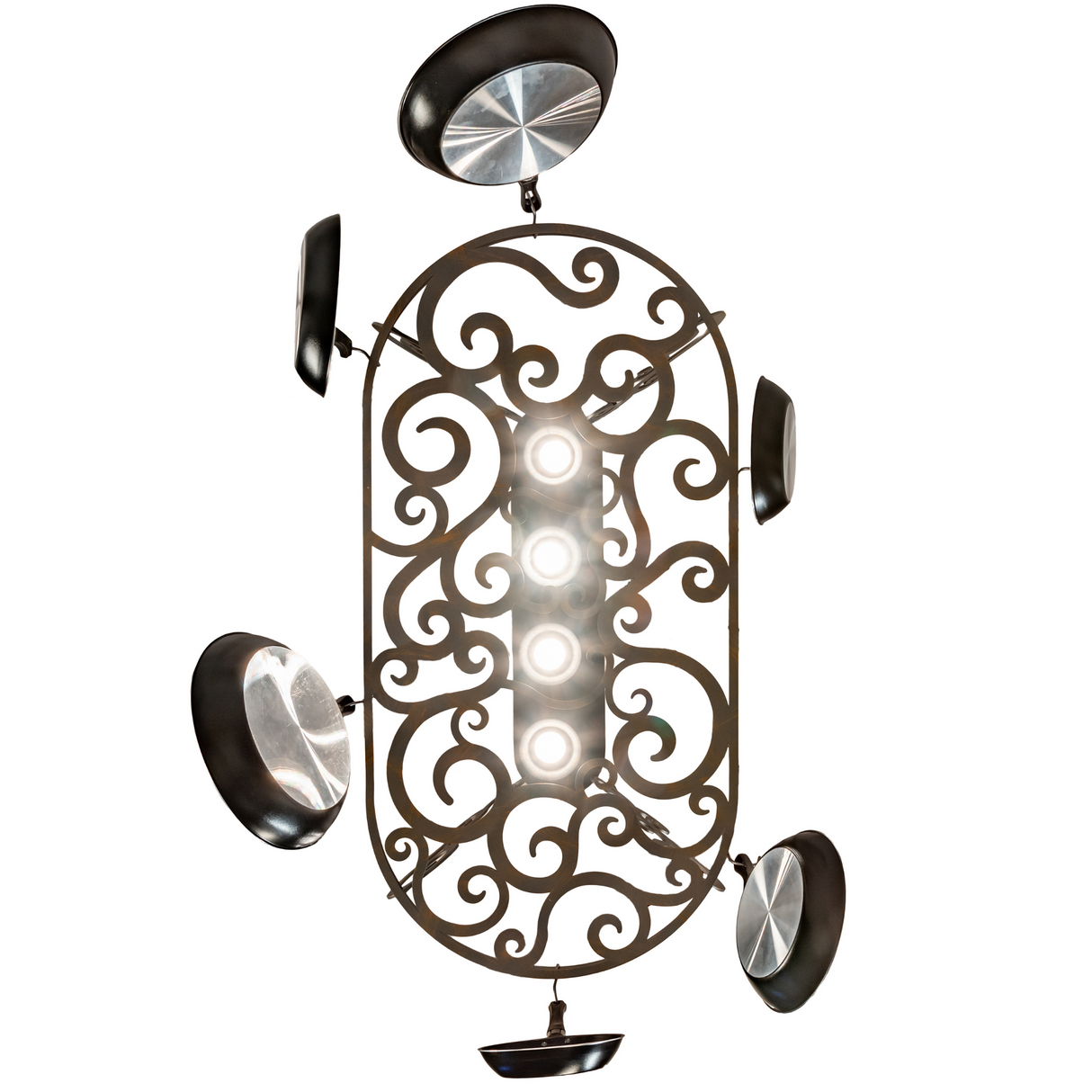 Direct bottom view of Neo 4 Light Pot Rack showing scroll pattern and lights.