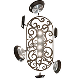 Direct bottom view of Neo 4 Light Pot Rack showing scroll pattern and lights.