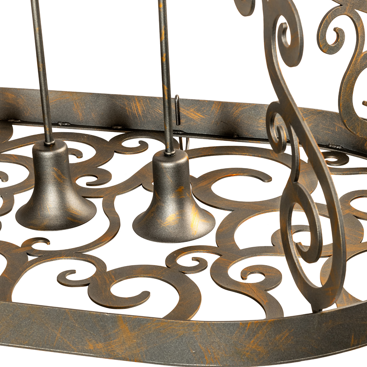 Detailed frame view of Neo 4 Light Pot Rack highlighting bronze finish and craftsmanship.