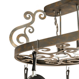 Detailed view of lighting elements and metalwork on Neo 4 Light Pot Rack.