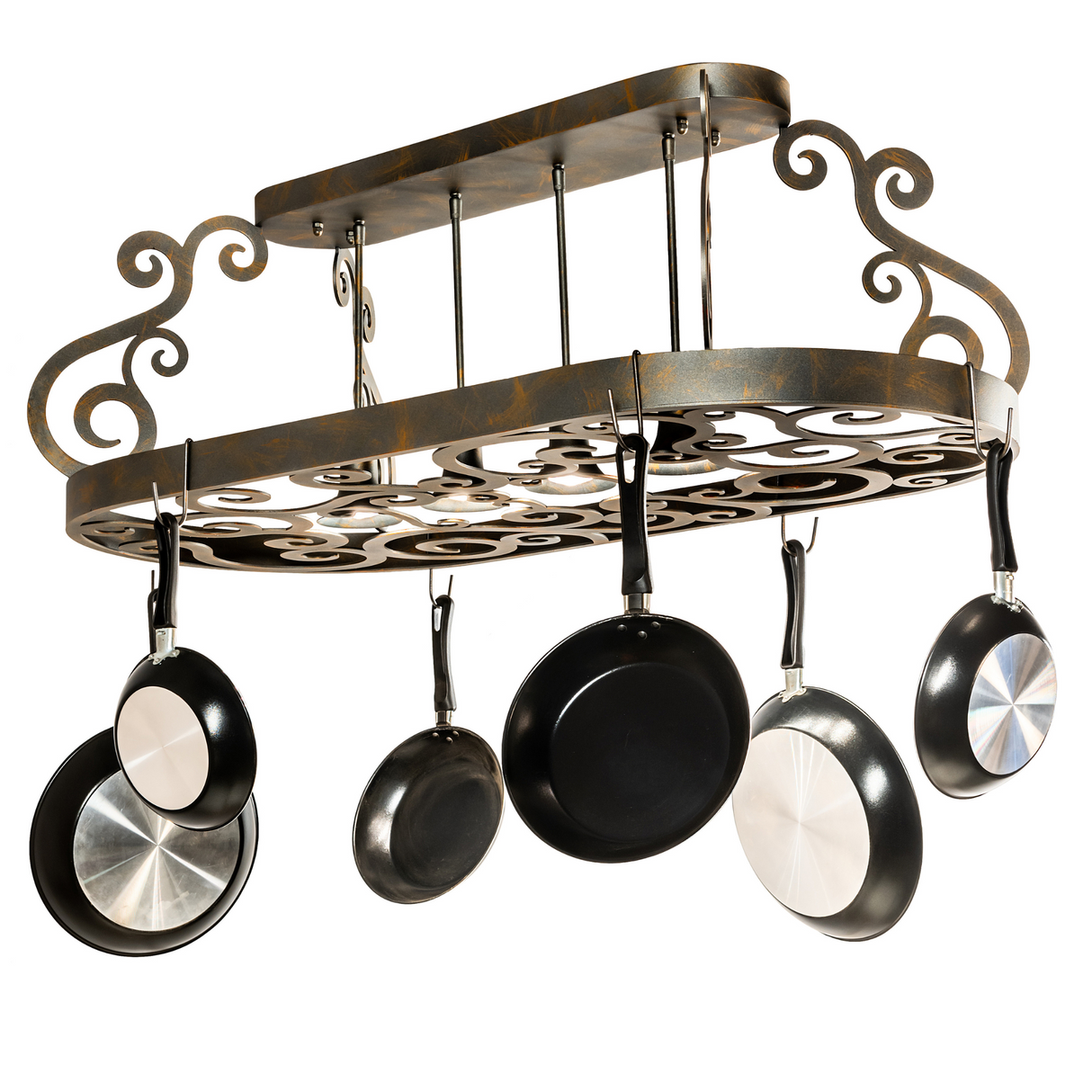 Front view of 48" Long Neo 4 Light Pot Rack chandelier with hanging cookware.