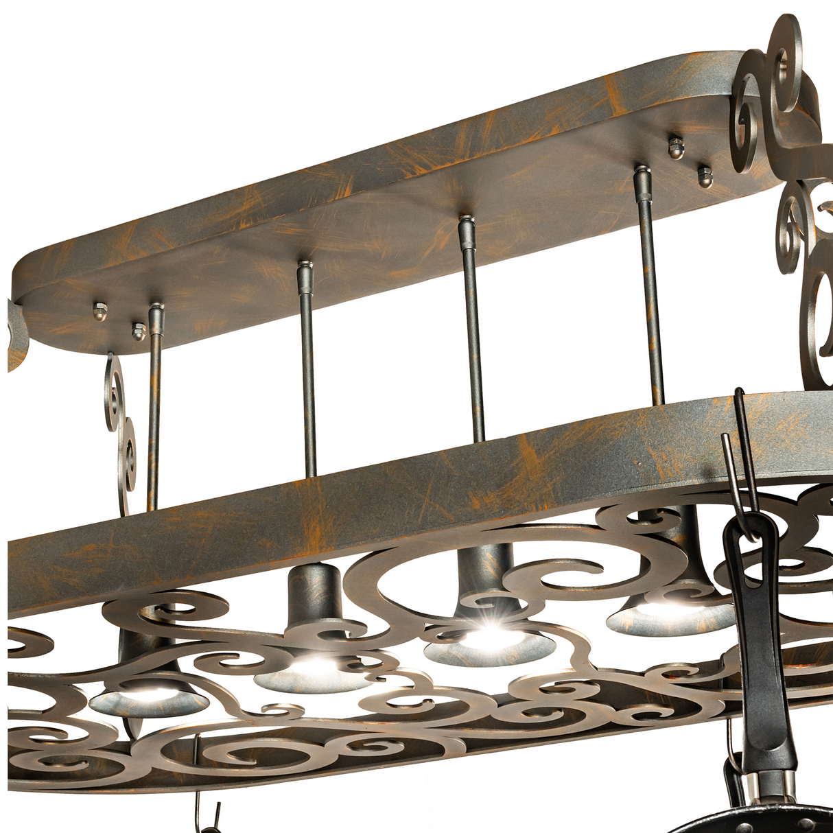Close-up of Neo 4 Light Pot Rack showing illuminated downlights and scroll design.