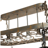 Close-up of Neo 4 Light Pot Rack showing illuminated downlights and scroll design.