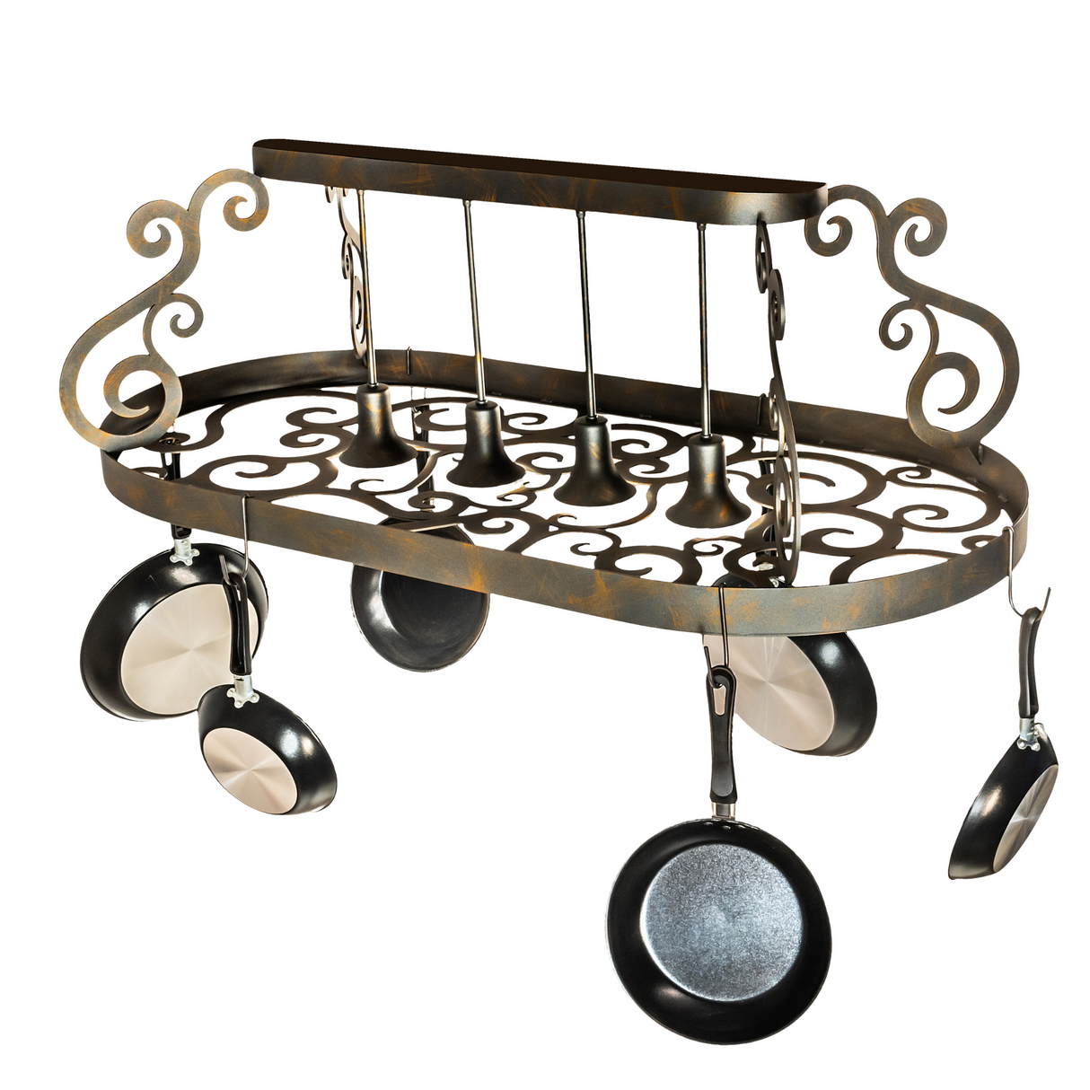 Side angled view of Neo 4 Light Pot Rack showing forged scroll details.