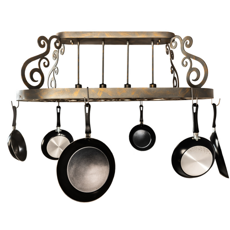 Side profile of Neo 4 Light Pot Rack highlighting bronze scroll accents.
