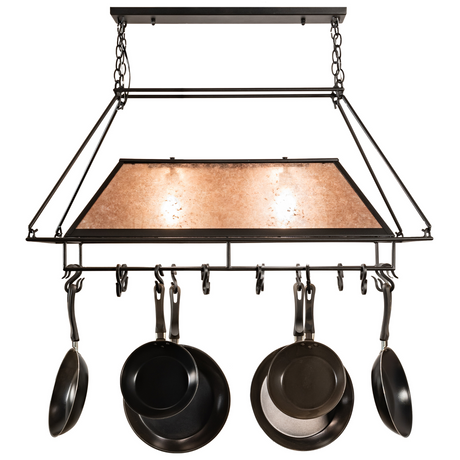 Front view of Neo 6 Light Pot Rack chandelier illuminated.