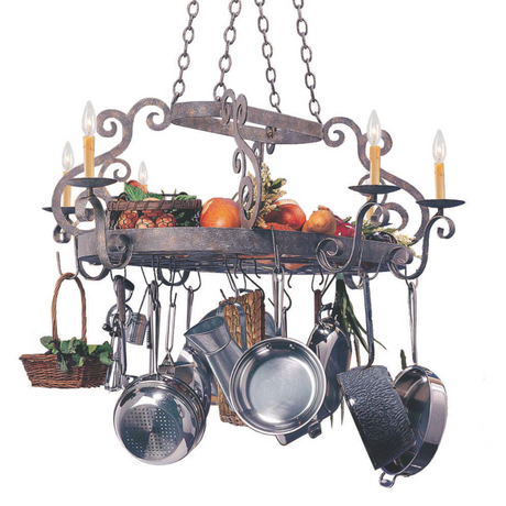 Neo 6 Light pot rack chandelier lit, front view with cookware.