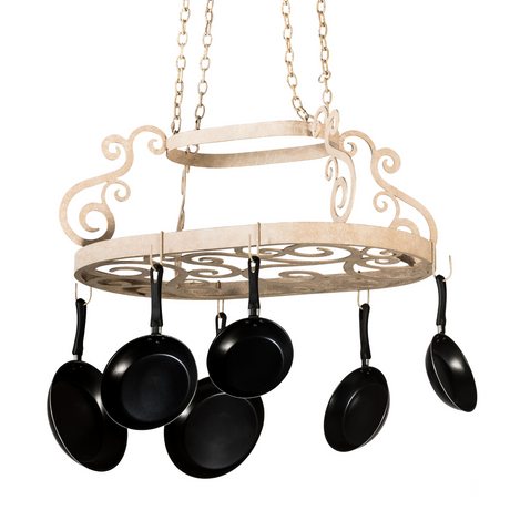 38" Neo pot rack in Tuscan ivory with scroll design, angled view.