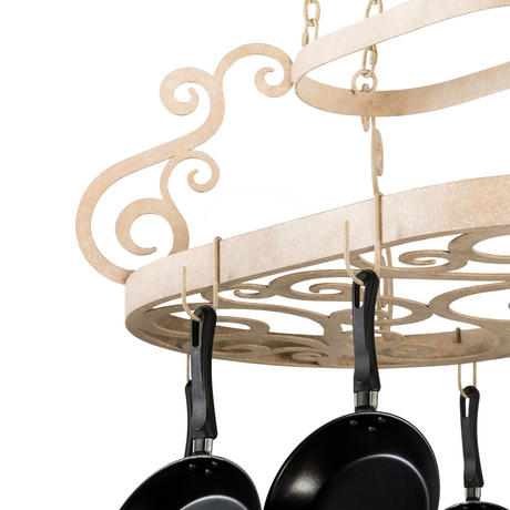 Close-up of scrollwork and hooks on Tuscan ivory Neo pot rack.