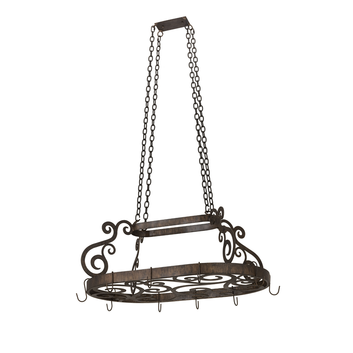 Angled hanging view with decorative scroll accents.
