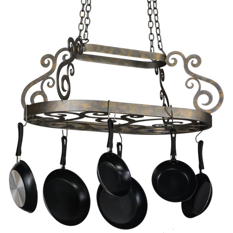 Bronze scrollwork oval pot rack with pans, angled view.
