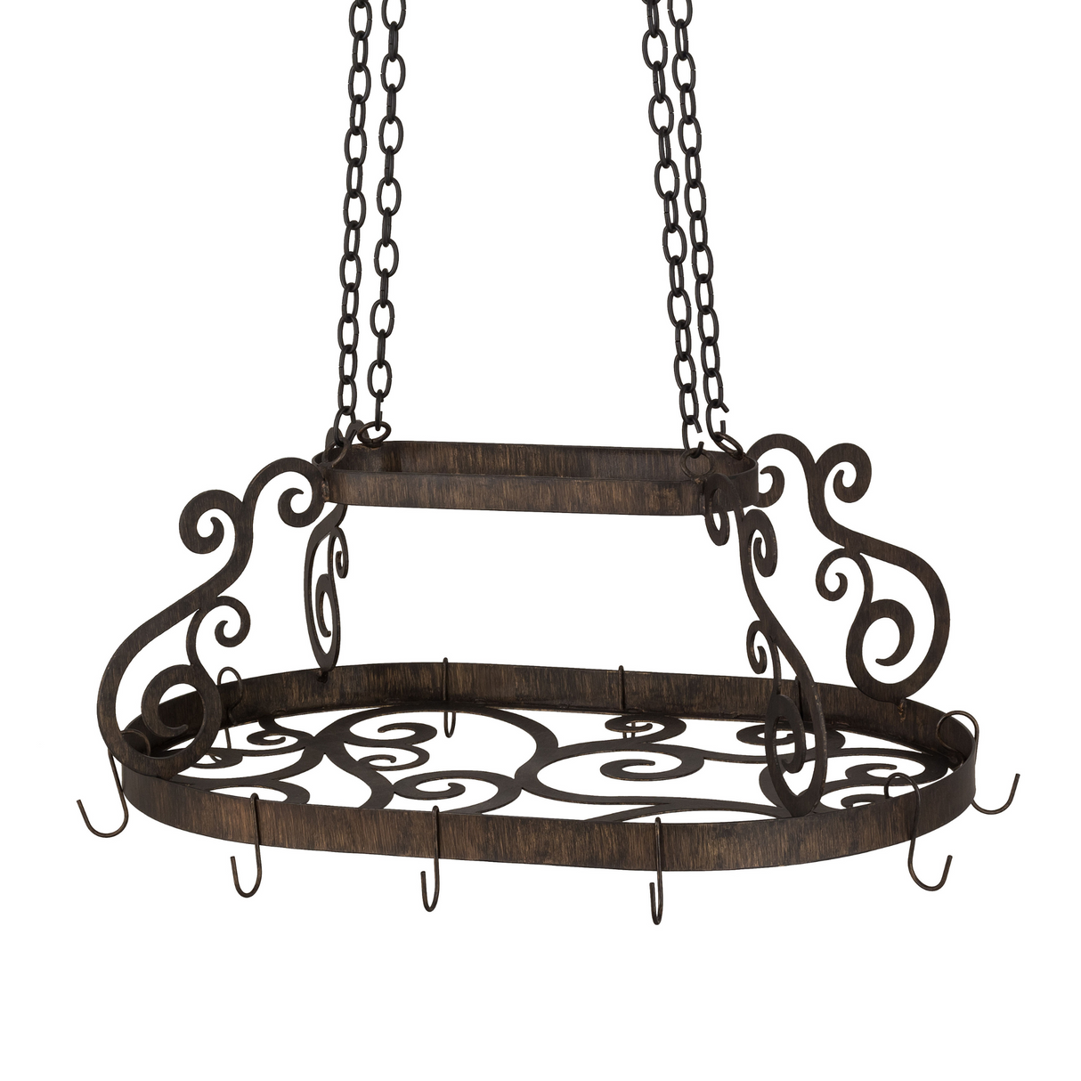 Angled view showing oval shape and scrollwork pattern