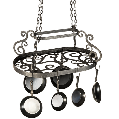 Angled view showing hand-forged scroll design and hanging pans.