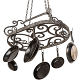 Bottom angled perspective of Neo pot rack with pans hanging.