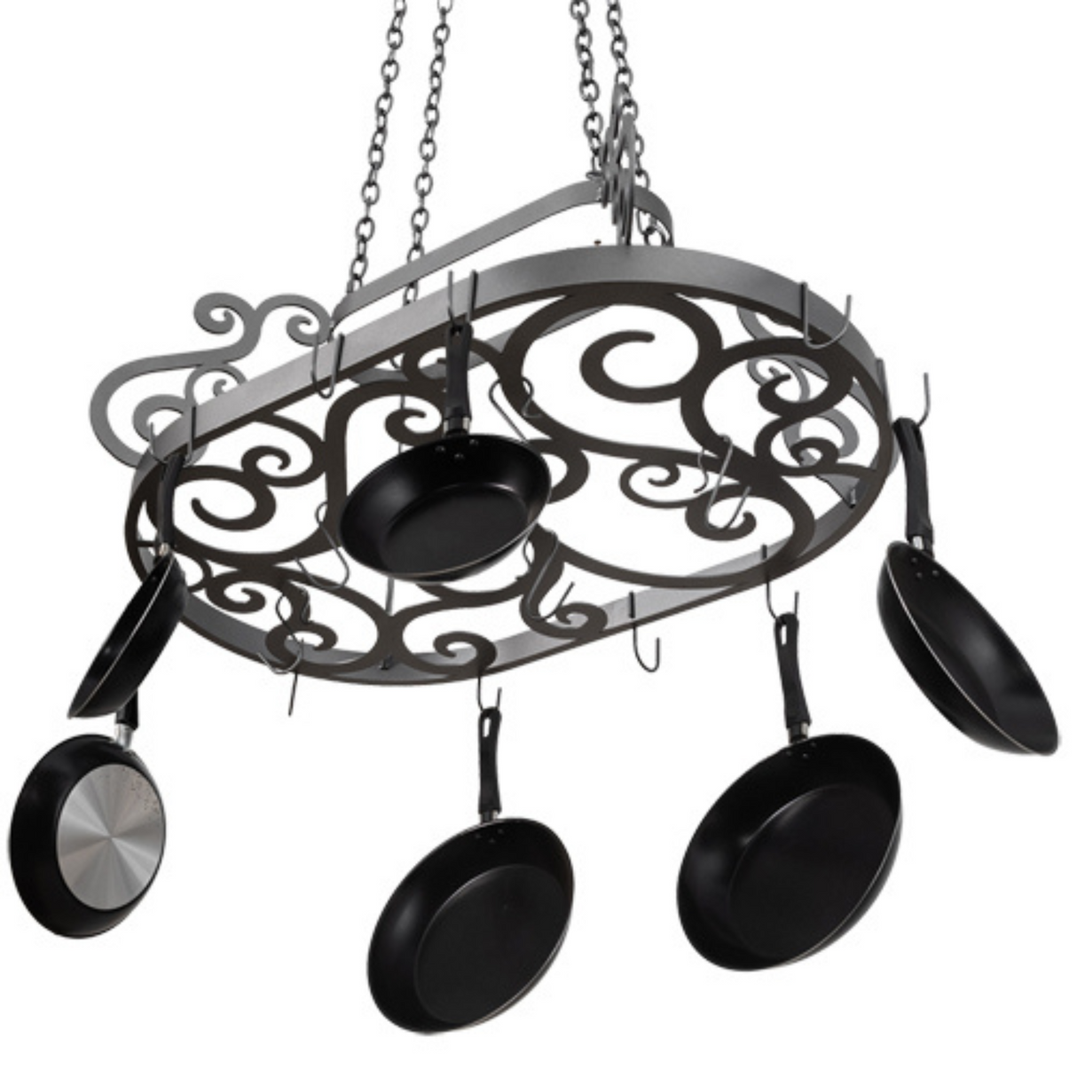 Bottom angle showing detailed scrollwork and hooks on Neo pot rack.