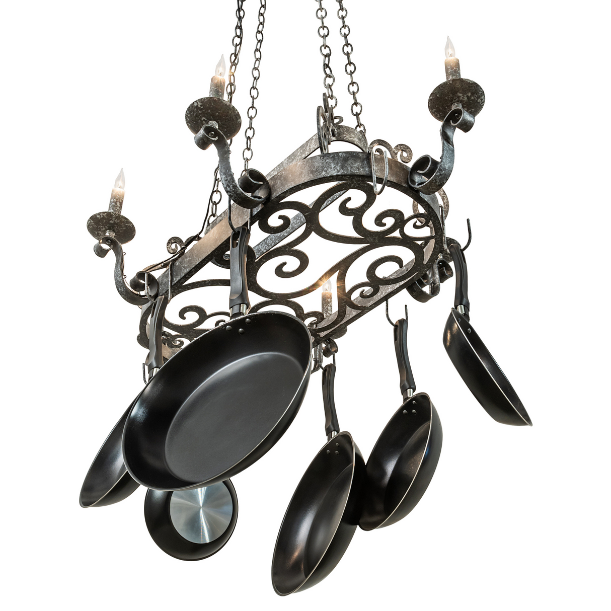 Underside angled view of Neo chandelier pot rack lit.