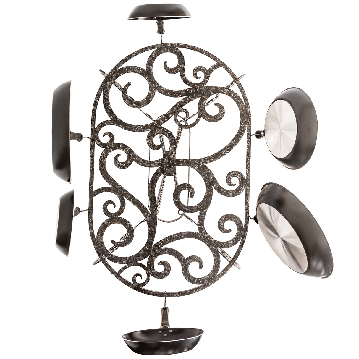 Bottom view of Neo pot rack showing scrollwork and hanging pans.