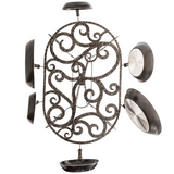 Bottom view of Neo pot rack showing scrollwork and hanging pans.