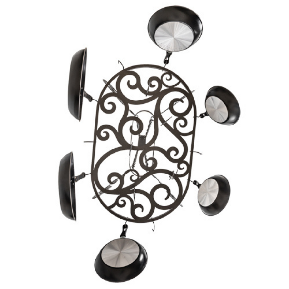Bottom view highlighting ornate scroll design and pan placement.