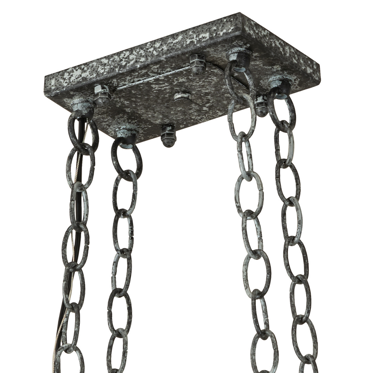 Ceiling mount detail of Neo chandelier with hanging chains.
