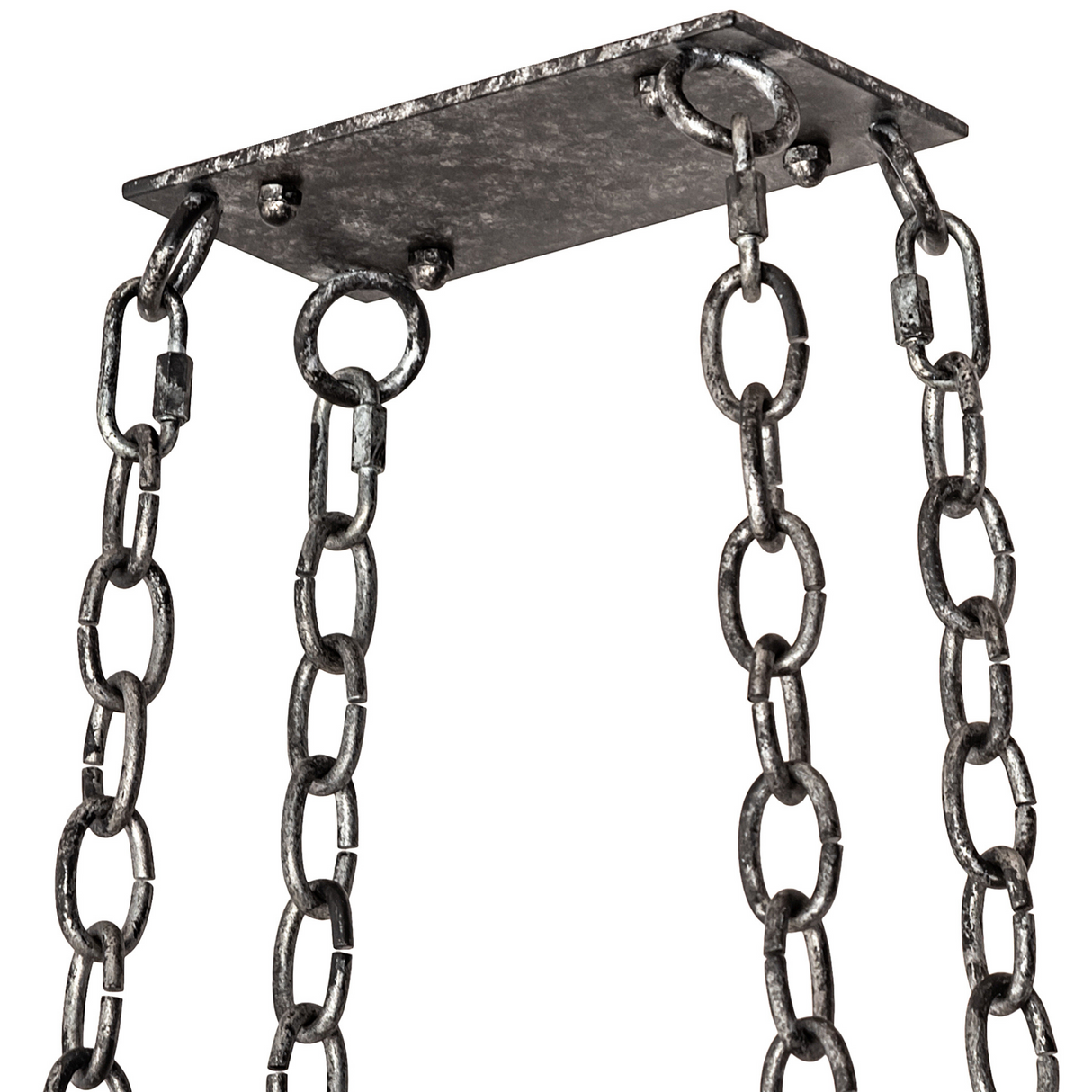 Ceiling chain mount detail of Neo pot rack in pewter finish.