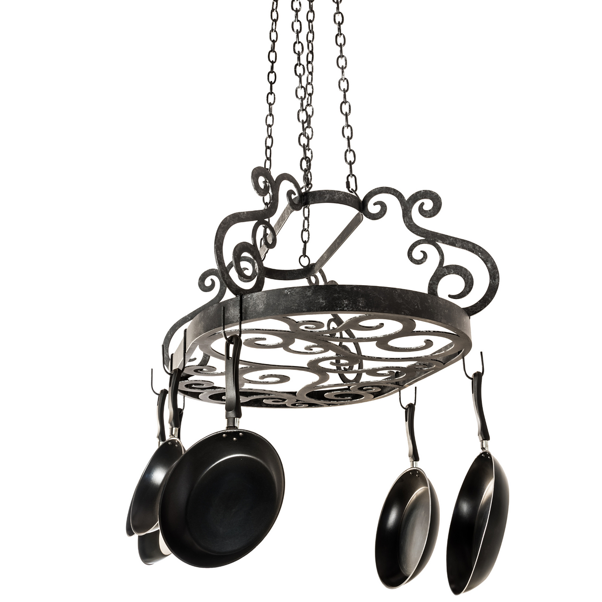 Diagonal view showcasing scroll details and suspended cookware.