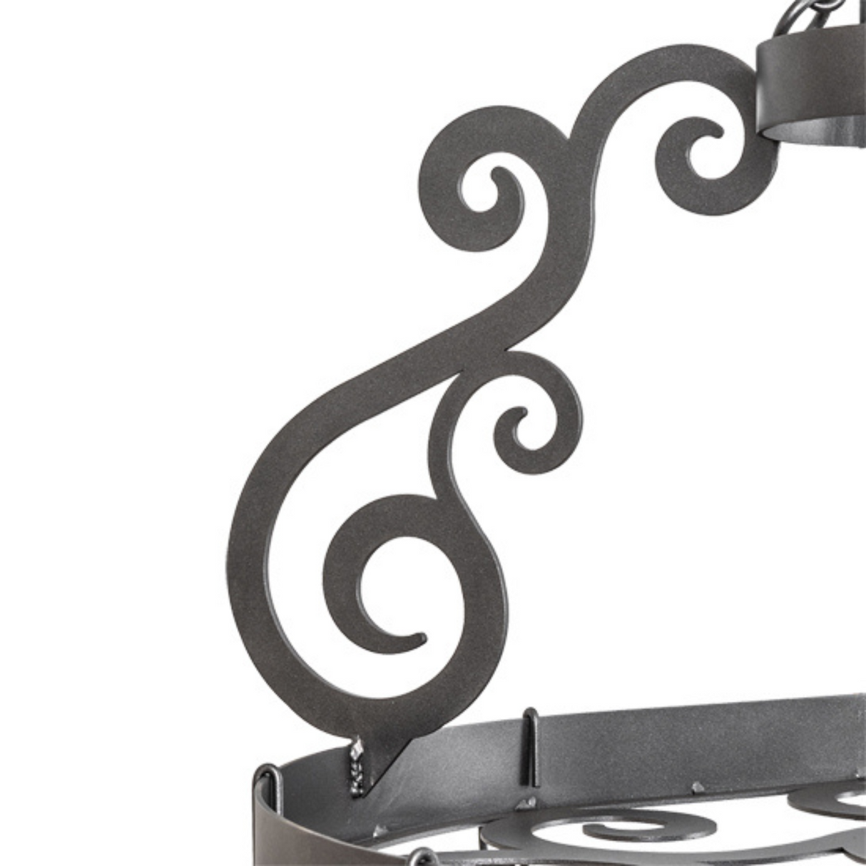 Closeup of frame and scroll accent design on Neo pot rack.