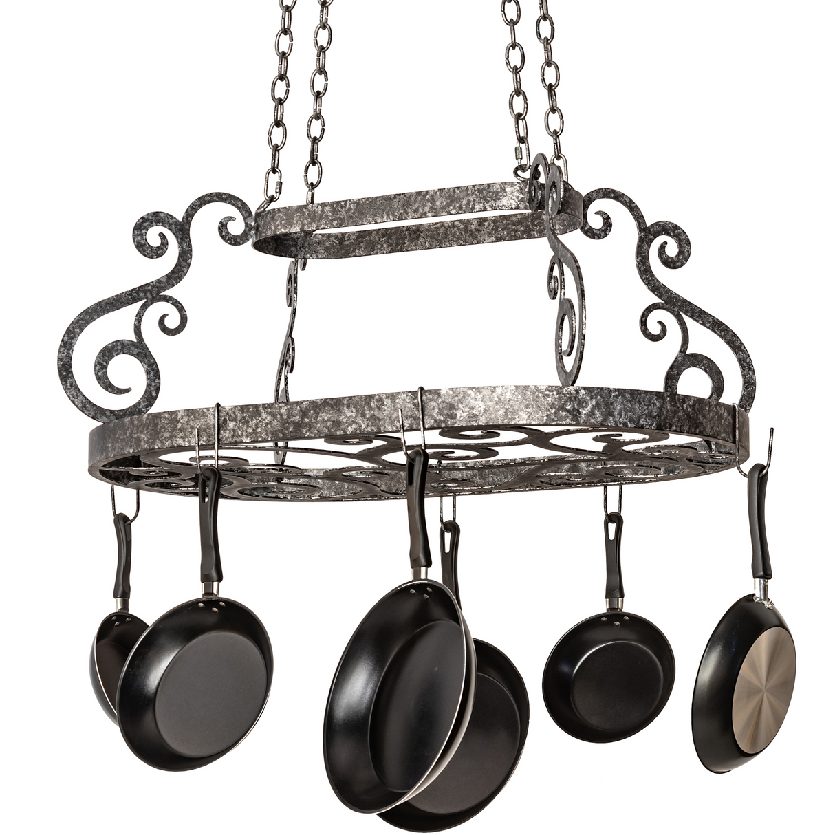 Front angled view of Neo pot rack with hanging pans.