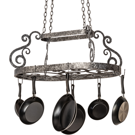 Front angled view of Neo pot rack with hanging pans.