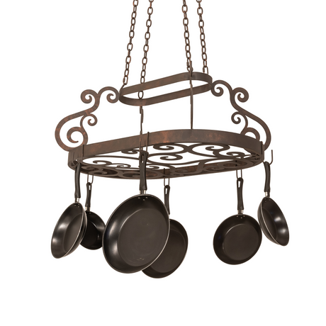 Front angled view of 38" Neo pot rack with scroll accents.
