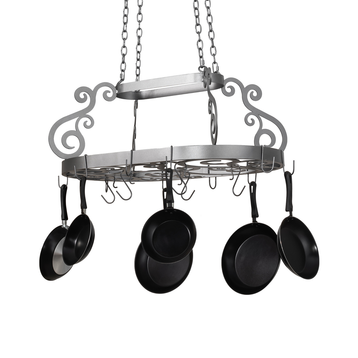 Pewter finish Neo pot rack with cookware hanging front angle view.