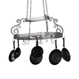 Pewter finish Neo pot rack with cookware hanging front angle view.