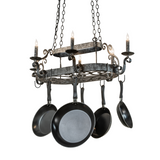 Front view of Neo 6 light pot rack chandelier lit.