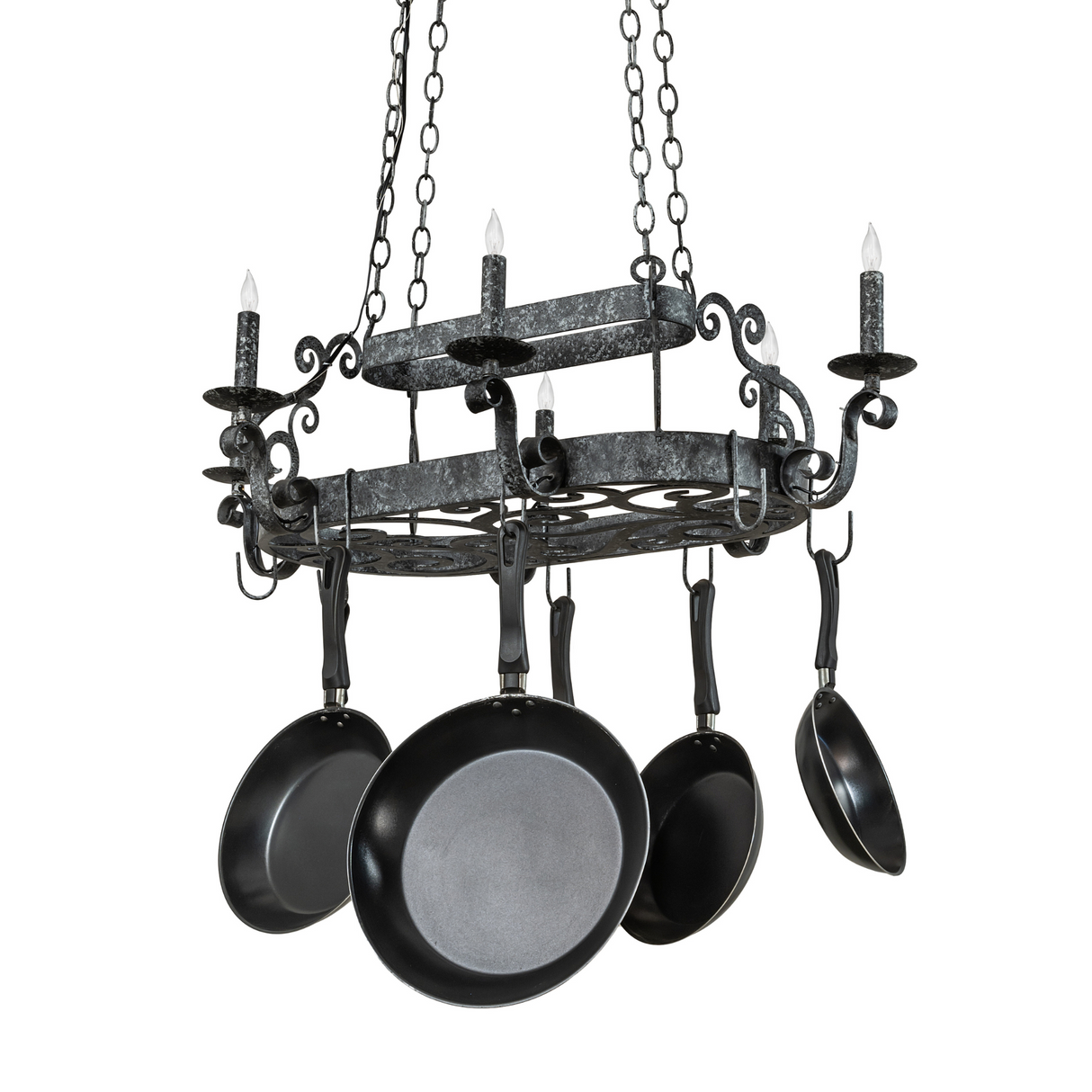 Front profile of Neo chandelier pot rack unlit.