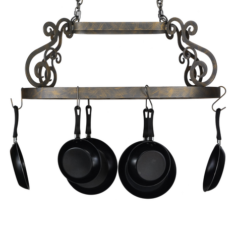 Front view of Neo pot rack with hanging cookware.