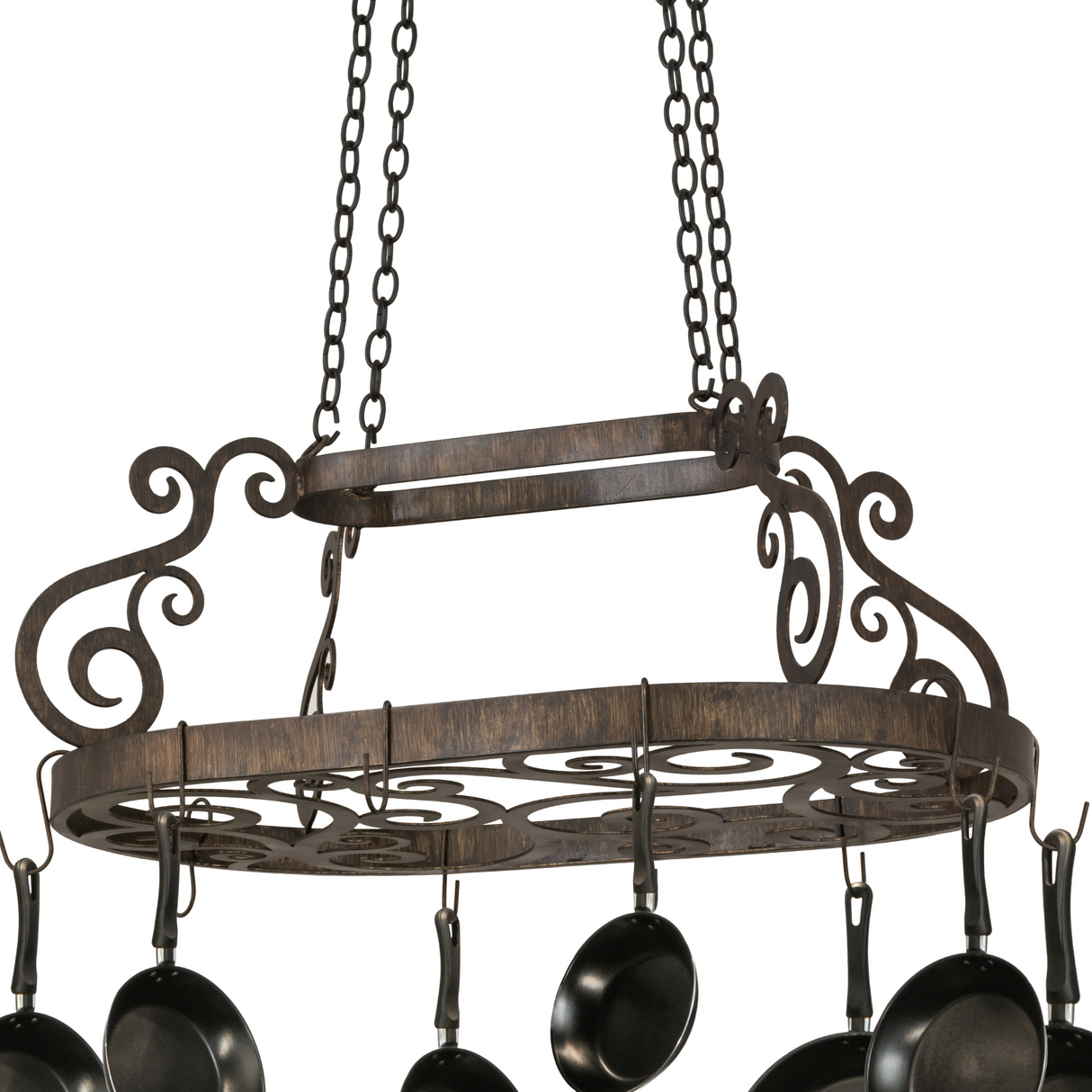 Front view of Neo pot rack with Delmonico bronze finish.