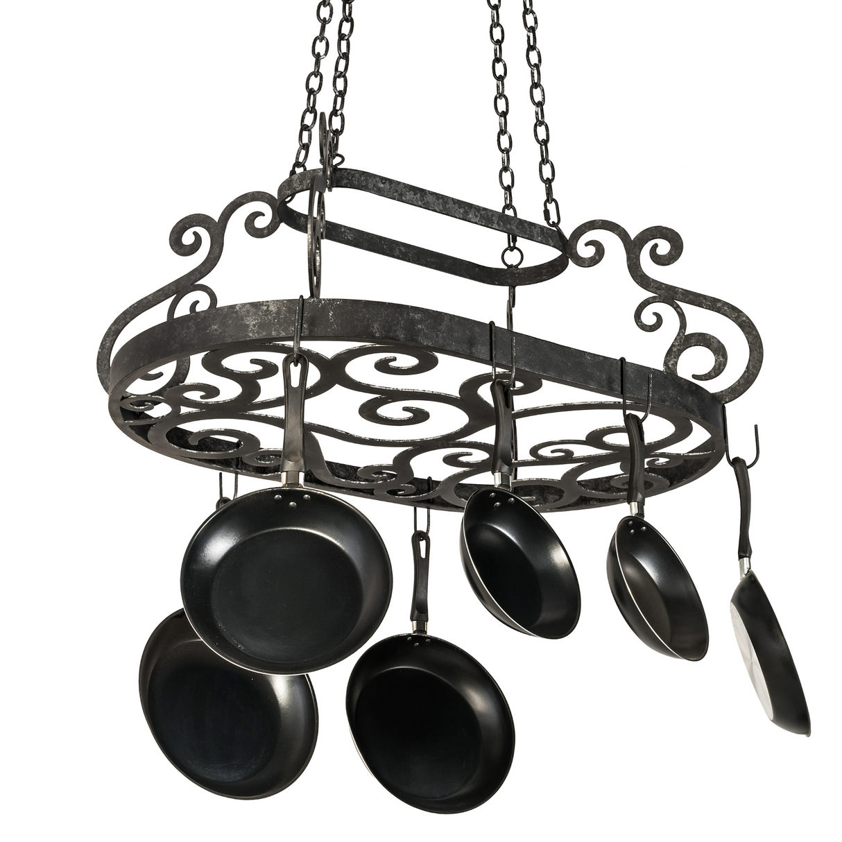 Front view of 38" smoke finish Neo pot rack with pans.