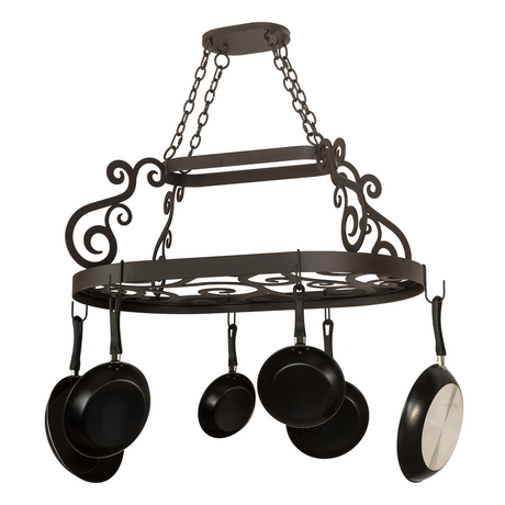 Front view of 38" Long Neo pot rack with cookware.