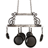 38-inch Neo pot rack chandelier front view with scroll design.