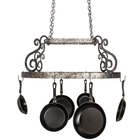 38-inch Neo pot rack chandelier front view with scroll design.