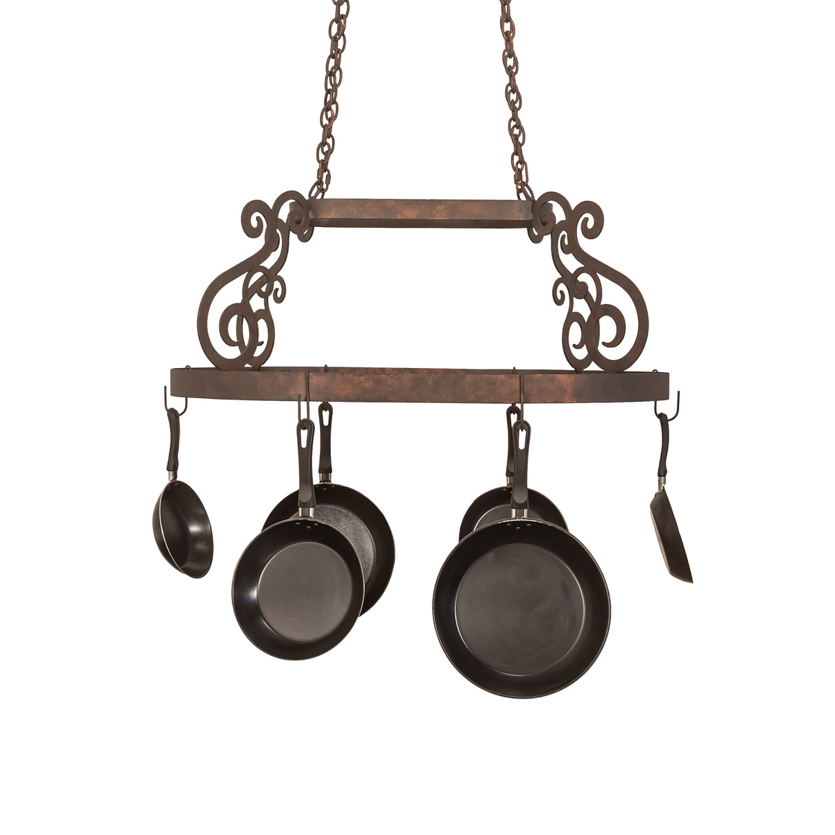 Front view of 38" Neo pot rack with hanging cookware.