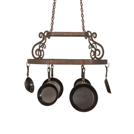 Front view of 38" Neo pot rack with hanging cookware.
