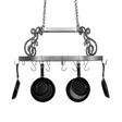 Front view of Neo pot rack with scroll accents and hanging pans.