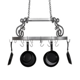 Front view of Neo pot rack with scroll accents and hanging pans.