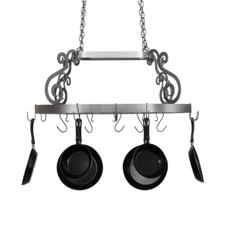 Front view of Neo pot rack with scroll accents and hanging pans.