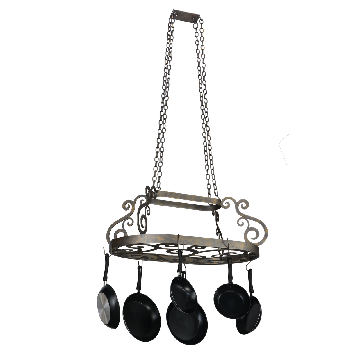 Full-length view of Neo pot rack with hanging pans.