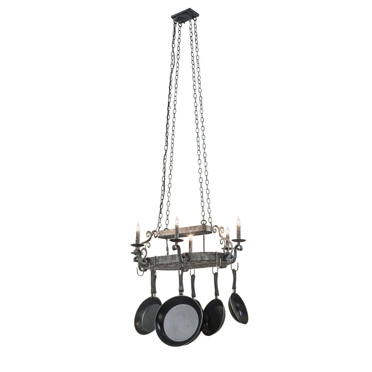 Full length view of Neo 6 light chandelier with hanging chains.