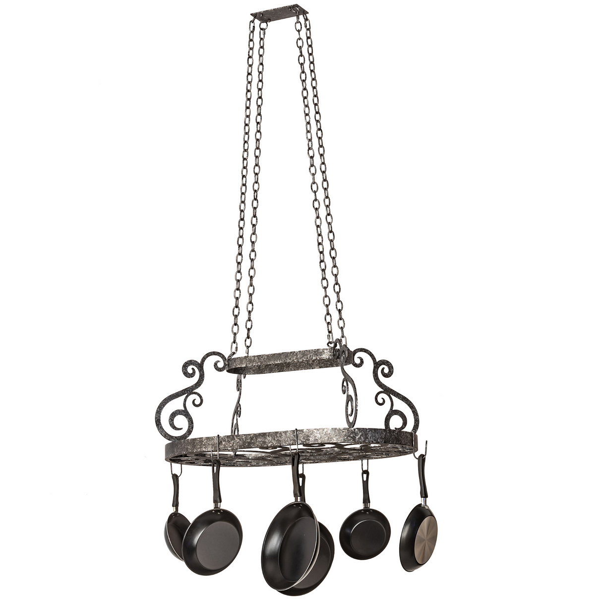 Full hanging display of Neo pot rack with cookware.