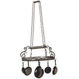 Full hanging display of Neo pot rack with cookware.